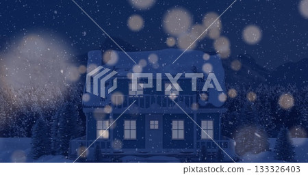 Shining wooden house sitting in snowy forest, with lit windows, falling snowflakes, bokeh lights 133326403