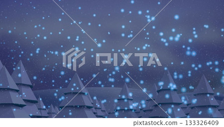 Showing stylized evergreen trees standing in winter forest at night, with glowing blue snowflakes 133326409