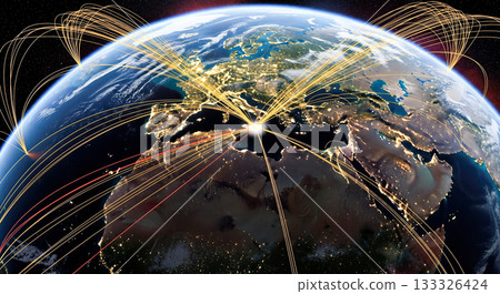 Global network connection lines around planet earth from space concept international business logistics travel communication internet worldwide reach technology data Global network connection lines around planet earth from space concept international business logistics travel communication internet worldwide reach technology data 133326424