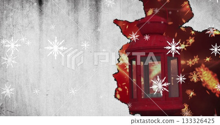 Displaying traditional red lantern emerging through torn-edge with snowflake symbols, copy space Displaying traditional red lantern emerging through torn-edge with snowflake symbols, copy space 133326425