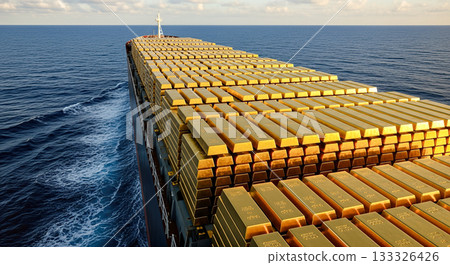 Cargo ship loaded with gold bars sailing ocean global economy wealth transportation financial banking crisis expensive logistics trade reserves migration value concept commercial 133326426