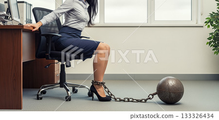 Businesswoman sitting on chair with legs chained to heavy iron ball concept corporate slavery lack of freedom punishment restriction debt pressure Businesswoman sitting on chair with legs chained to heavy iron ball concept corporate slavery lack of freedom punishment restriction debt pressure 133326434