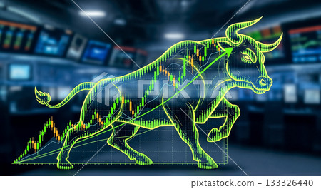 Glowing neon bull running up financial chart graph on dark background concept stock market growth bullish trend investment profit success Glowing neon bull running up financial chart graph on dark background concept stock market growth bullish trend investment profit success 133326440