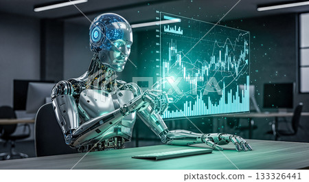 Futuristic robot working at desk with holographic financial charts and graphs concept artificial intelligence stock market trading analysis automation Futuristic robot working at desk with holographic financial charts and graphs concept artificial intelligence stock market trading analysis automation 133326441