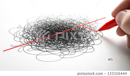 Hand drawing red straight line through chaotic tangled scribble on white paper concept problem solving solution simplification clarity strategy 133326444