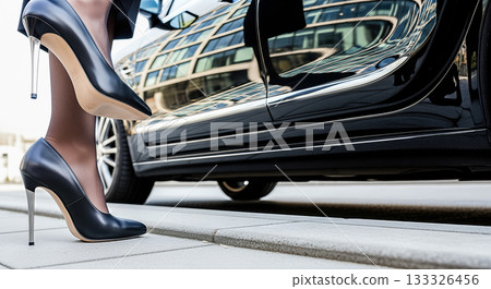 elegant businesswoman legs in black high heel shoes stepping out of luxury car door business travel arrival transport concept 133326456