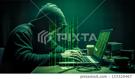 Male hacker in dark hood working on laptop green binary code falling down concept data breach cyber security threat dark web identity theft crime espionage Male hacker in dark hood working on laptop green binary code falling down concept data breach cyber security threat dark web identity theft crime espionage 133326467