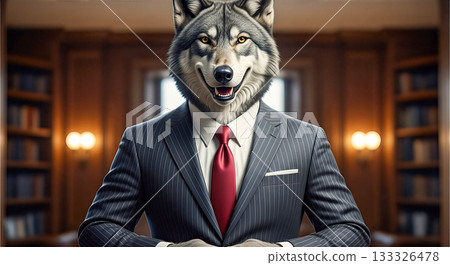 Portrait of grey wolf wearing business suit and red tie standing in office concept of aggressive manager corporate predator danger leadership Portrait of grey wolf wearing business suit and red tie standing in office concept of aggressive manager corporate predator danger leadership 133326478