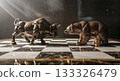 Golden bull and bear statues facing each other on chess board stock market trading strategy financial conflict competition risk 133326479