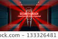 Silhouette of businessman standing behind red alert screen with text security breach unauthorized access detected cyber crime danger hacker warning 133326481