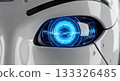 Futuristic white android face with blue glowing eye close up concept artificial intelligence machine learning technology cybernetics robotics data analysis innovation 133326485