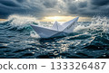 Paper boat startup text navigating rough stormy ocean waves challenging business concept risk management insurance crisis adventure overcoming adversity 133326487
