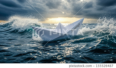 Paper boat startup text navigating rough stormy ocean waves challenging business concept risk management insurance crisis adventure overcoming adversity 133326487