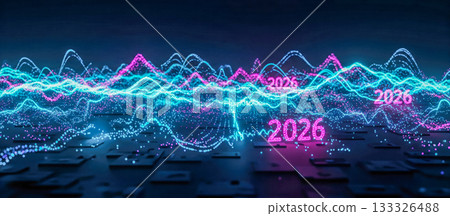 Big data analysis 2026 concept with futuristic digital landscape and glowing charts, abstract background for financial technology, stock market or blockchain 133326488