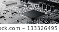 Monochrome technology background with computer processor on circuit board, black and white hardware closeup for corporate presentation and IT industry abstract concept 133326495