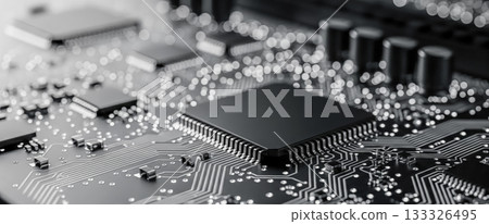 Monochrome technology background with computer processor on circuit board, black and white hardware closeup for corporate presentation and IT industry abstract concept 133326495