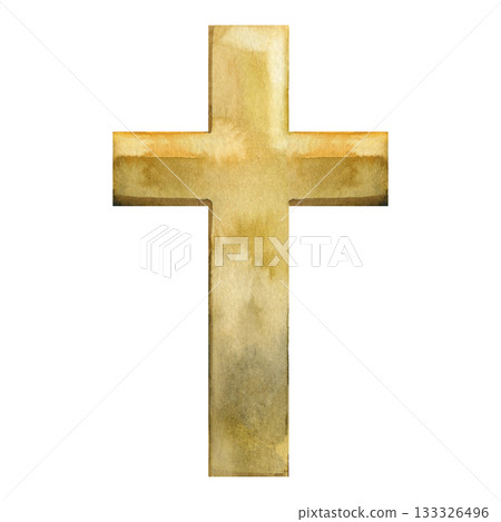 Watercolor golden cross symbol with soft textured shades. Elegant Christian illustration suitable for religious designs, Easter cards, church materials, inspirational prints and spiritual artwork. Watercolor golden cross symbol with soft textured shades. Elegant Christian illustration suitable for religious designs, Easter cards, church materials, inspirational prints and spiritual artwork. 133326496