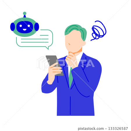 Illustration of a businessman in a suit confused by using artificial intelligence on his smartphone. Flat design 133326587