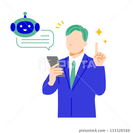 Illustration of a businessman in a suit solving a problem using artificial intelligence on his smartphone. Flat design 133326588