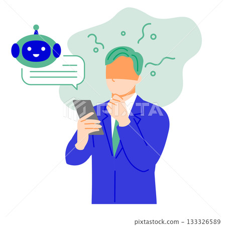 Illustration of a businessman in a suit chatting with and relying on artificial intelligence using a smartphone. Flat design Illustration of a businessman in a suit chatting with and relying on artificial intelligence using a smartphone. Flat design 133326589