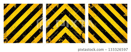 Warning sign with yellow and black diagonal lines. Attention, danger or caution symbol. Construction site signage, road safety notice, hazard banner, security alert shield. Vector illustration 133326597