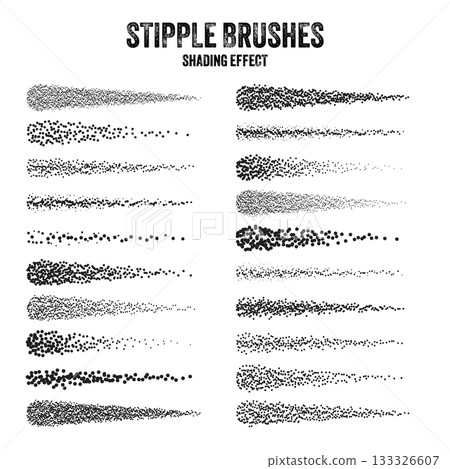 Ink scatter brush, stipple drawing and texturing. Fading gradient. Stippling, dotwork drawing, shading using dots. Halftone disintegration effect. White noise grainy texture. Vector illustration Ink scatter brush, stipple drawing and texturing. Fading gradient. Stippling, dotwork drawing, shading using dots. Halftone disintegration effect. White noise grainy texture. Vector illustration 133326607