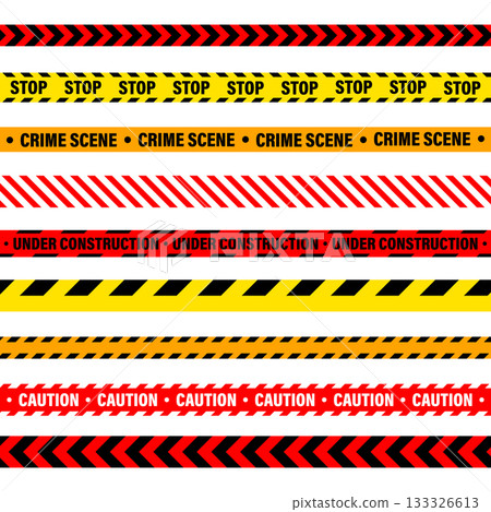 Barricade construction tape. Colorful police warning line, brightly colored danger or hazard stripe, ribbon. Restricted area, zone. Attention symbol. Vector illustration 133326613