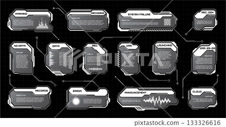 White futuristic HUD, UI elements. Sci-fi user interface text boxes, callouts. Warning message frames, information boxes template. Modern game interface layout in digital style. Vector illustration 133326616