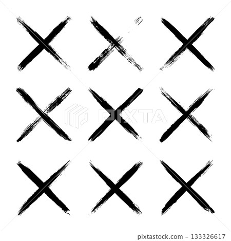Grunge crosses, brush strokes, x mark, lines, ink smudges, hand-drawn scribble shapes. Handmade sketchy marks, acrylic stains, charcoal streaks. Paint textures, dry brush effect. Vector illustration 133326617
