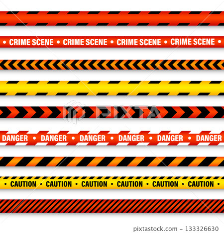 Barricade construction tape. Colorful police warning line, brightly colored danger or hazard stripe, ribbon. Restricted area, zone. Attention symbol. Vector illustration 133326630