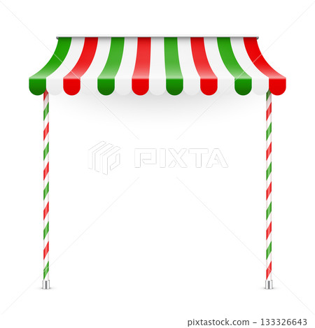 Shop sunshade. Realistic striped cafe awning. Outdoor market tent. Roof canopy. Summer street store. Vector illustration. 133326643