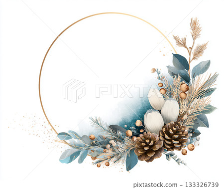 藍色冬季植物和松果水彩畫框材料 133326739