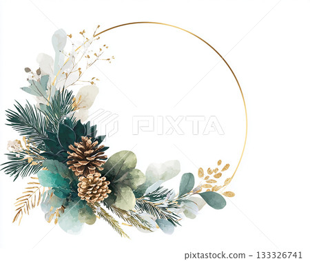 藍色冬季植物和松果水彩畫框材料 藍色冬季植物和松果水彩畫框材料 133326741