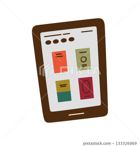 Electronic ebook reader device vector illustration with flat cartoon interface, digital library screen, book covers selection, modern technology for education, learning, online reading platforms 133326869
