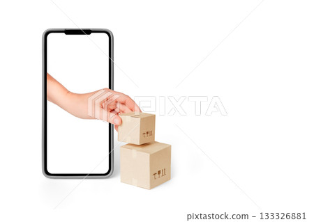 E-commerce concept: hand adds boxes from a smartphone screen. Online order, payment and fast delivery. E-commerce concept: hand adds boxes from a smartphone screen. Online order, payment and fast delivery. 133326881