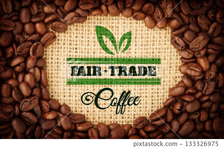Flat design showing coffee bean ring on burlap with green leaf logo and Fair Trade Coffee 133326975