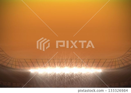 Showing empty stadium interior at dusk in flat design with curved metal roof and floodlight beams Showing empty stadium interior at dusk in flat design with curved metal roof and floodlight beams 133326984