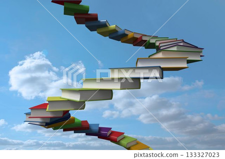 Flat design colorful hardcover book staircase is spiraling through blue sky with fluffy clouds 133327023