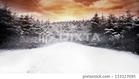 Snow-covered trail is stretching toward horizon in flat design showing snowy trees and footprints Snow-covered trail is stretching toward horizon in flat design showing snowy trees and footprints 133327095