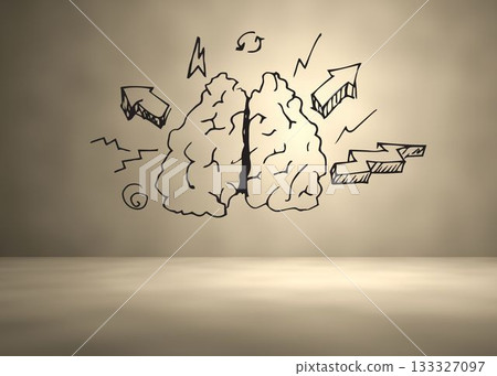 Line art black brain doodle is being shown on beige wall with spotlight, arrows, copy space 133327097