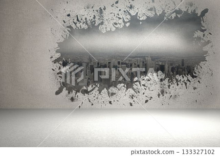 paint-splatter cut-out is revealing grayscale city skyline in flat design concrete interior paint-splatter cut-out is revealing grayscale city skyline in flat design concrete interior 133327102