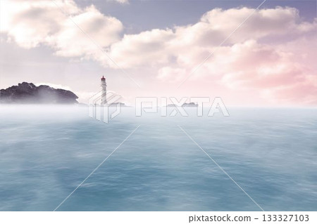 White lighthouse standing left-center in flat coastal design, showing calm sea and pastel clouds White lighthouse standing left-center in flat coastal design, showing calm sea and pastel clouds 133327103