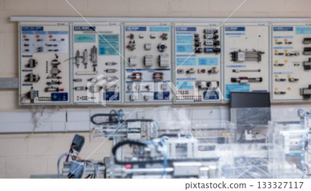 Transparent pneumatic rig is being shown in flat design workshop with valve panels and monitor 133327117