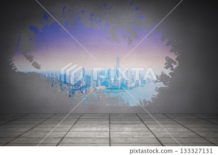 Splash on wall revealing purple and blue city 133327131