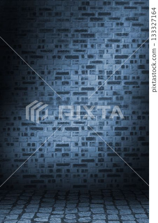 Flat design interior scene is showing exposed brick wall and cobble floor under cool-toned lighting Flat design interior scene is showing exposed brick wall and cobble floor under cool-toned lighting 133327164
