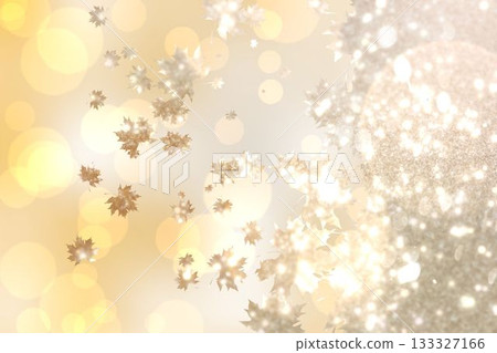 Metallic golden maple leaf shapes drifting through bokeh orbs and glittering texture in vector art Metallic golden maple leaf shapes drifting through bokeh orbs and glittering texture in vector art 133327166