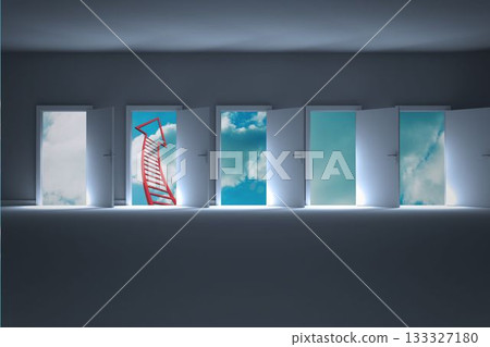 Doors opening to show red arrow and sky 133327180