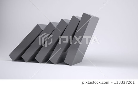 Six grey blocks are toppling diagonal line 3D render on pale surface, copy space 133327201