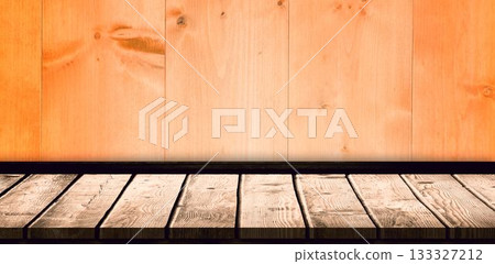 Empty wooden shelf on orange wall Empty wooden shelf on orange wall 133327212