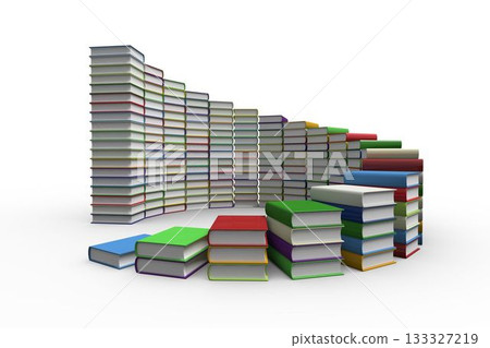 Flat design is showing colorful hardcover books forming curved wall and book piles in white studio 133327219